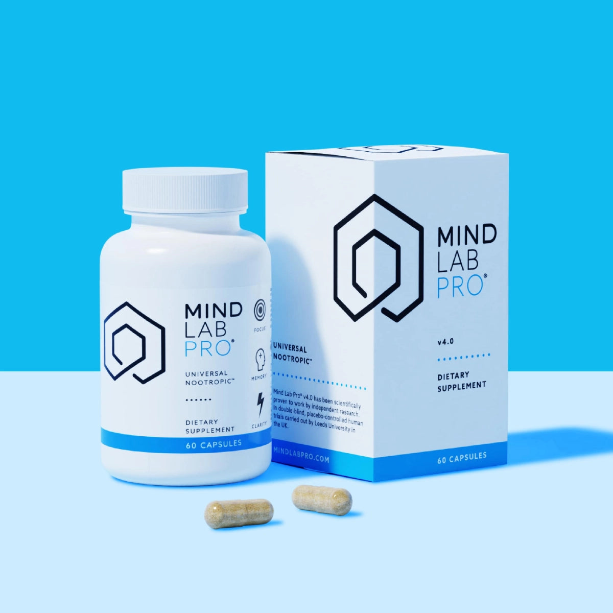 Mind Lab Pro supplement bottle and box packaging with two capsules.
