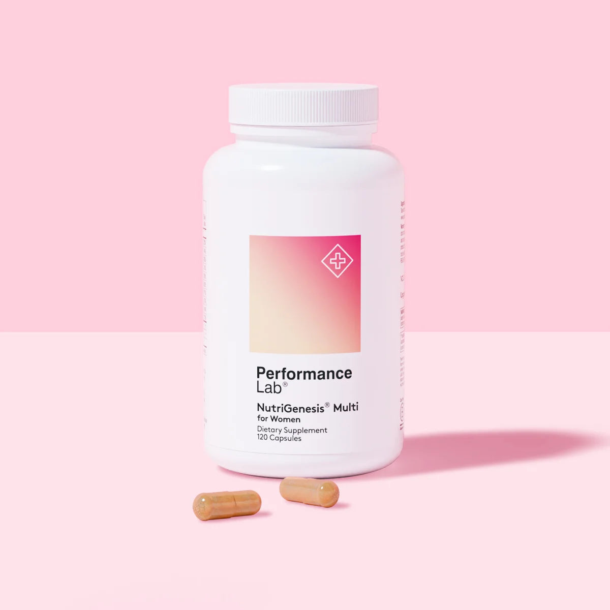 Performance Lab NutriGenesis Multi for Women supplement bottle with two capsules.
