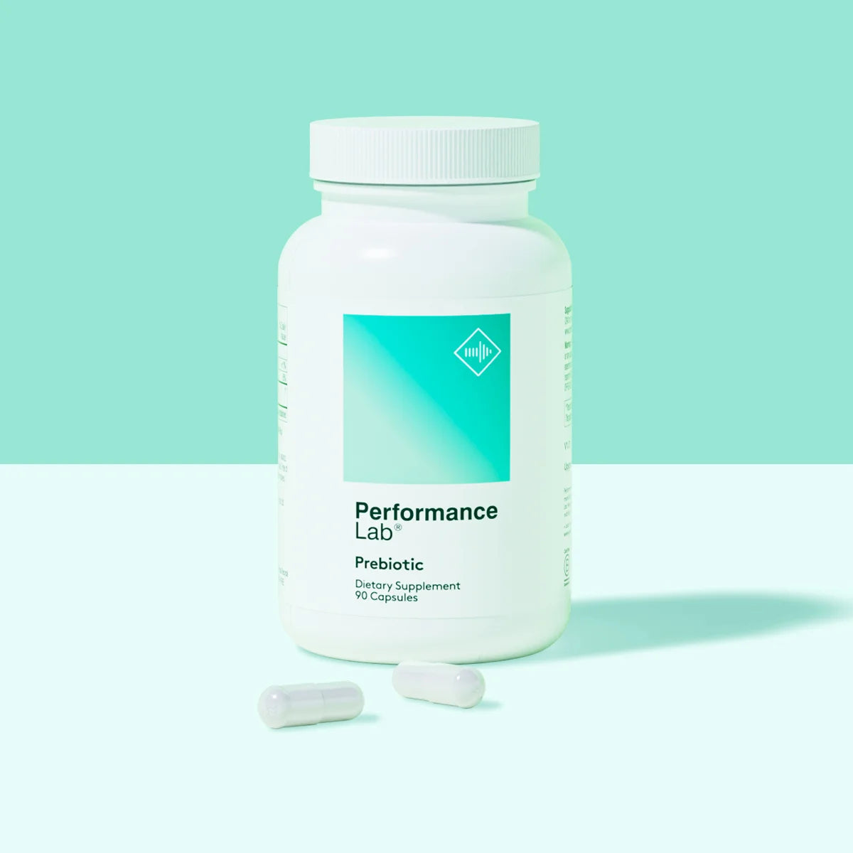 Performance Lab Prebiotic supplement bottle with two capsules.
