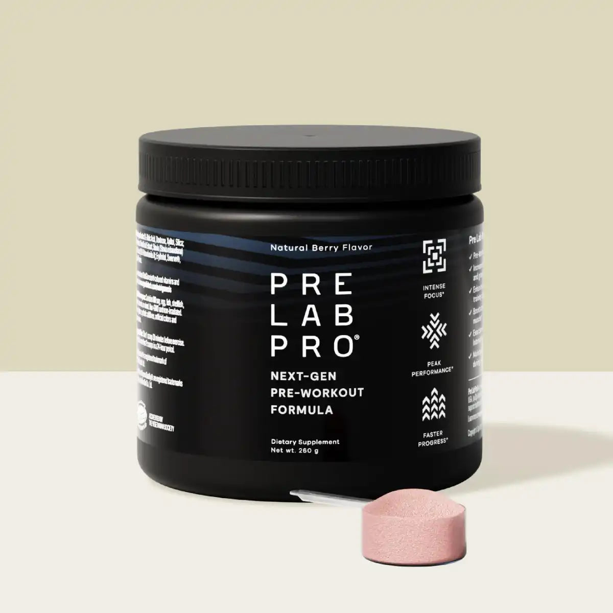 Pre Lab Pro supplement tub next to a scoop of pink powder.