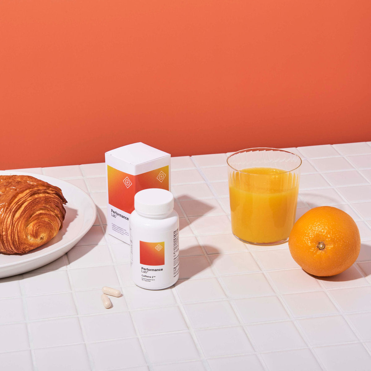 image of Caffeine 2™ bottle sitting on a breakfast table