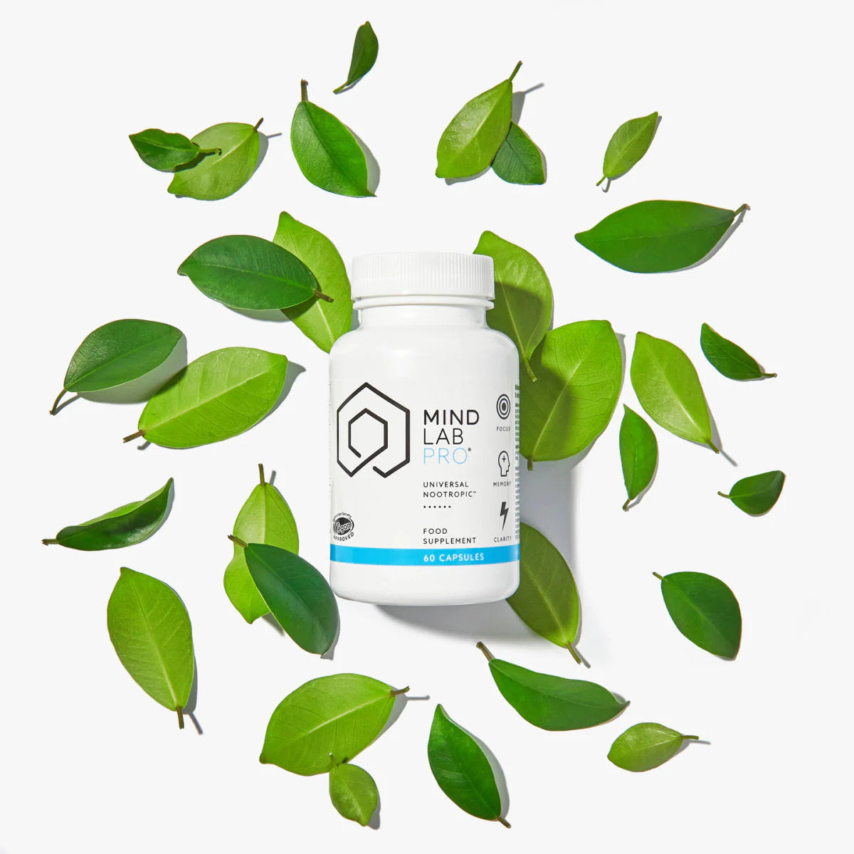 image of Mind Lab Pro® bottle surrounded by leaves